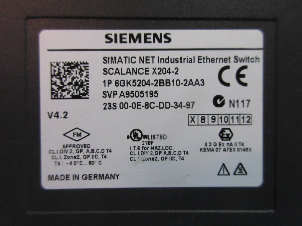 Siemens 204-2BB10-2AA3 SIMATIC NET Industrial Ethernet Switch Scalance X204-2 (TK3577-2)