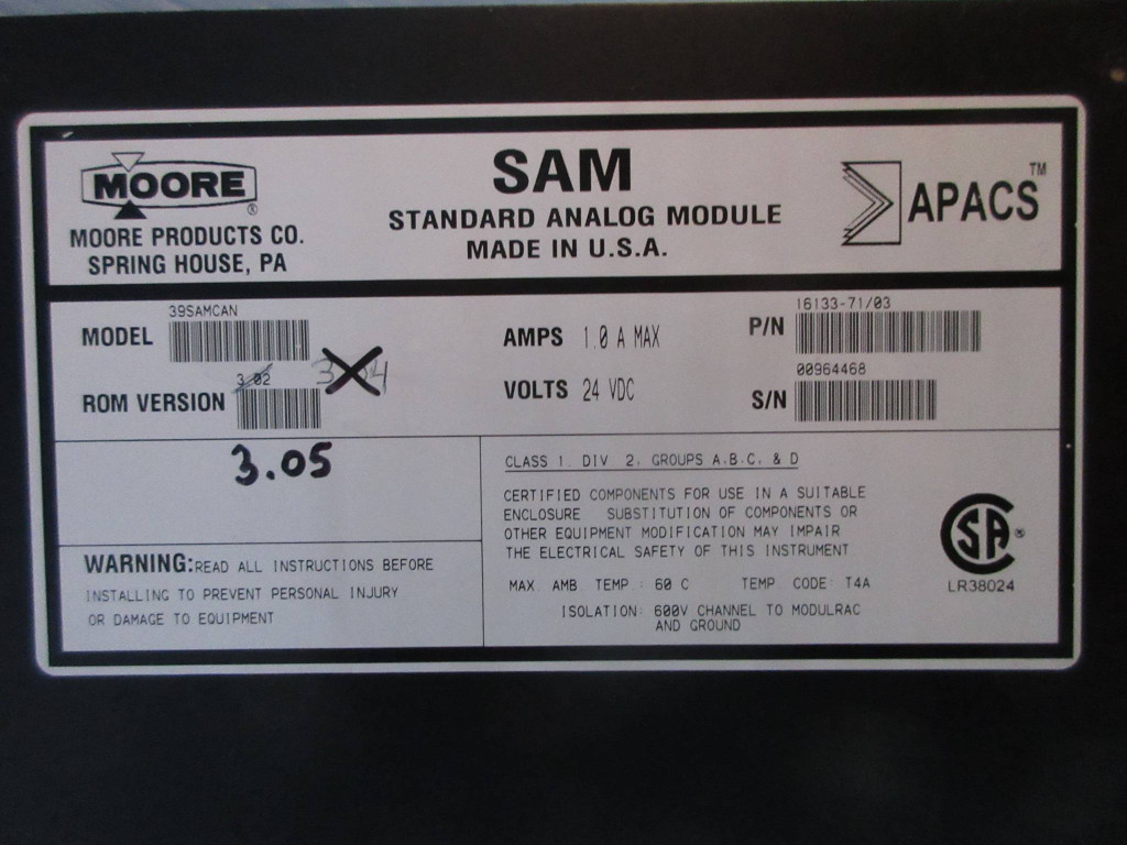Moore 39SAMCAN 16133-71/03 APACS SAM Standard Analog Module Siemens ROM 3.05 (TK3580-1)