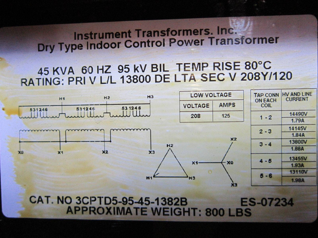 Instrument Transformer 45 KVA 13800 Delta 208Y/120 3CPTD5-95-45-1382B 3 Phase (EBI2475-2)