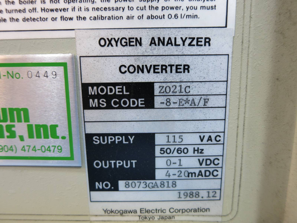 Yokogawa Z021C-8-E*A/F Zirconia Oxygen Analyzer Converter E7003EM E7003EN 115V (DW0683-1)