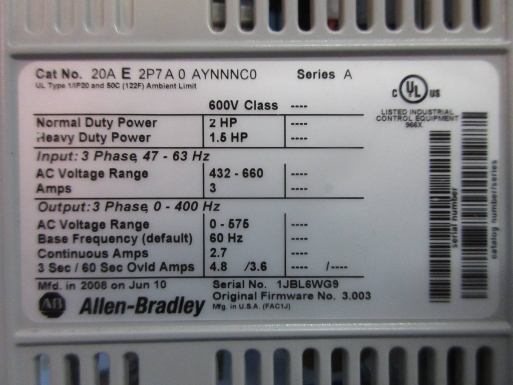 Allen-Bradley 20AE2P7A0AYNNNC0 2 HP PowerFlex 70 VS Drive 600V AB 2-HP Series A (TK3780-2)