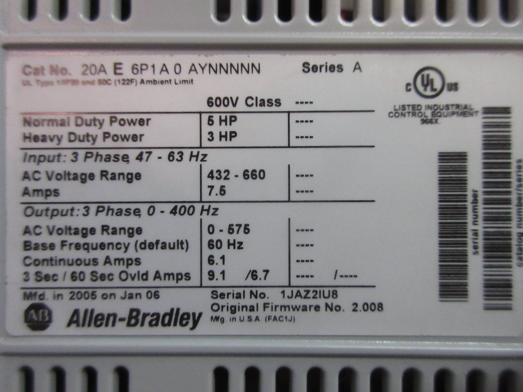 Allen-Bradley 20AE6P1A0AYNNNNN 5 HP PowerFlex 70 VS Drive 600V AB 5-HP Series A (TK3782-1)