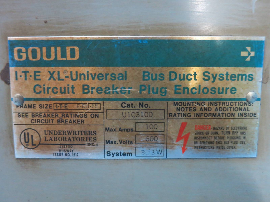 Gould U1C3100 100A 600V 3PH 3W Breaker XL-U Bus Plug Busplug UIC3100 UEC3100 ITE (DW0704-38)