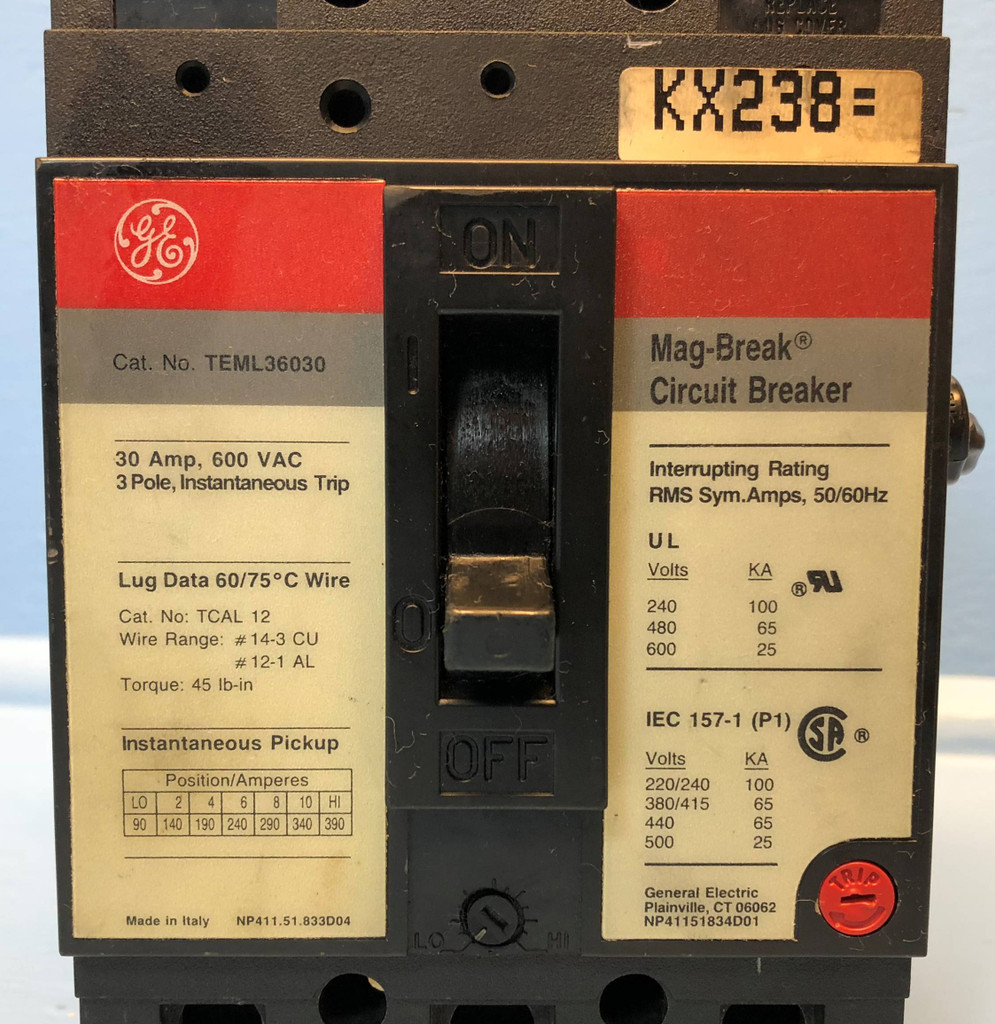 GE TEML36030 30A Mag-Break Circuit Breaker 30 Amp Aux General Electric wires cut (EM2865-4)