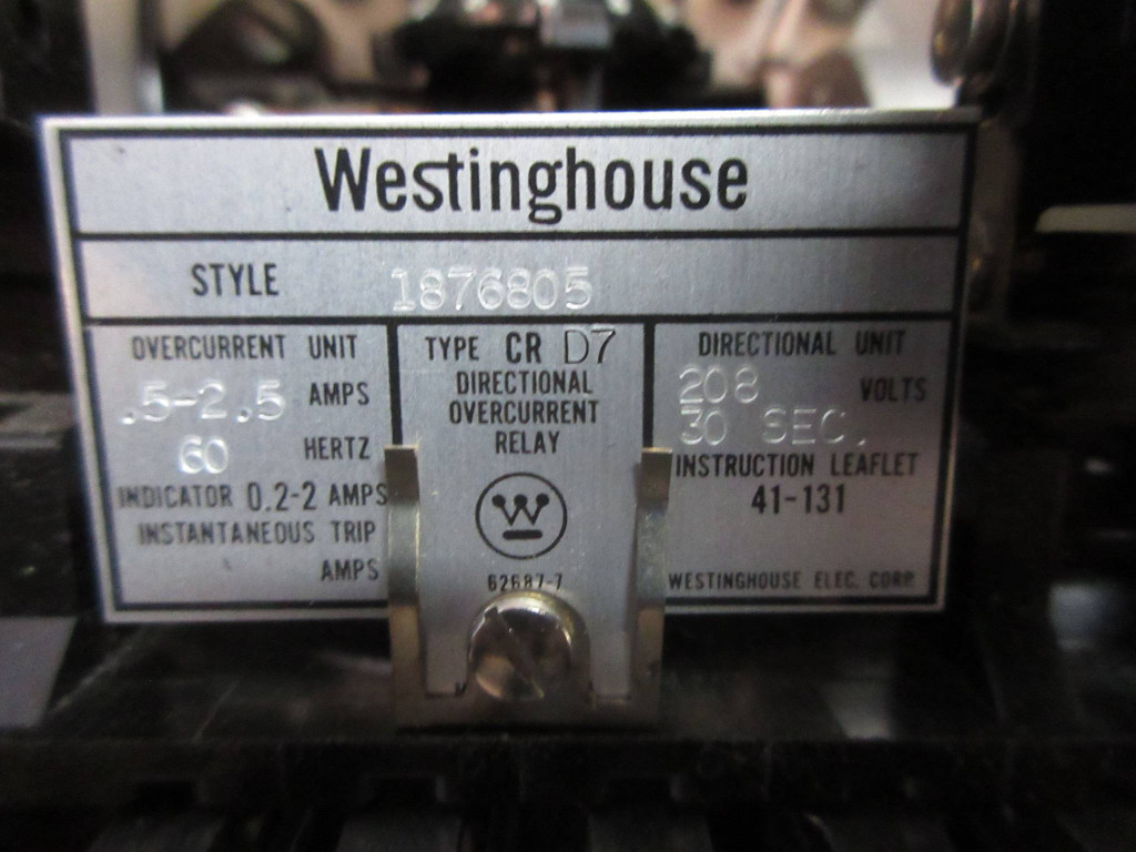 Westinghouse 1876805 Type CR-D7 Directional Overcurrent Relay 60Hz .5-2.5 Amp (TK3943-1)