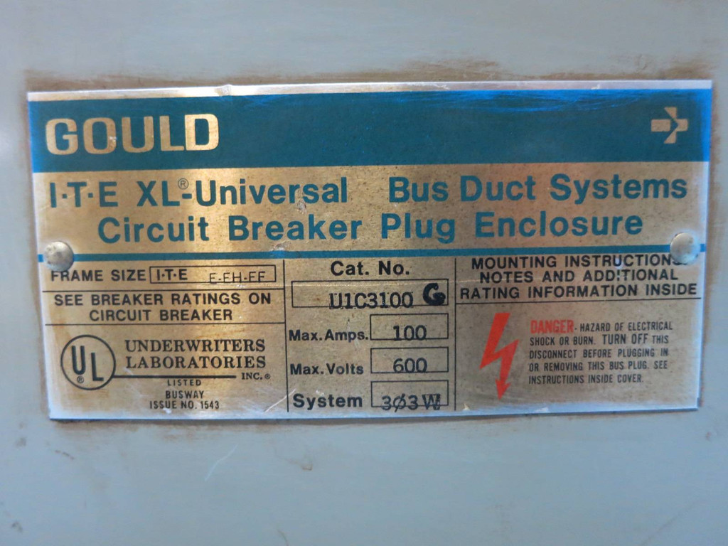 Gould U1C3100G 100A 3PH 3W Breaker XL-U Plug Busplug UIC3100G UEC3100G ITE (DW0782-11)