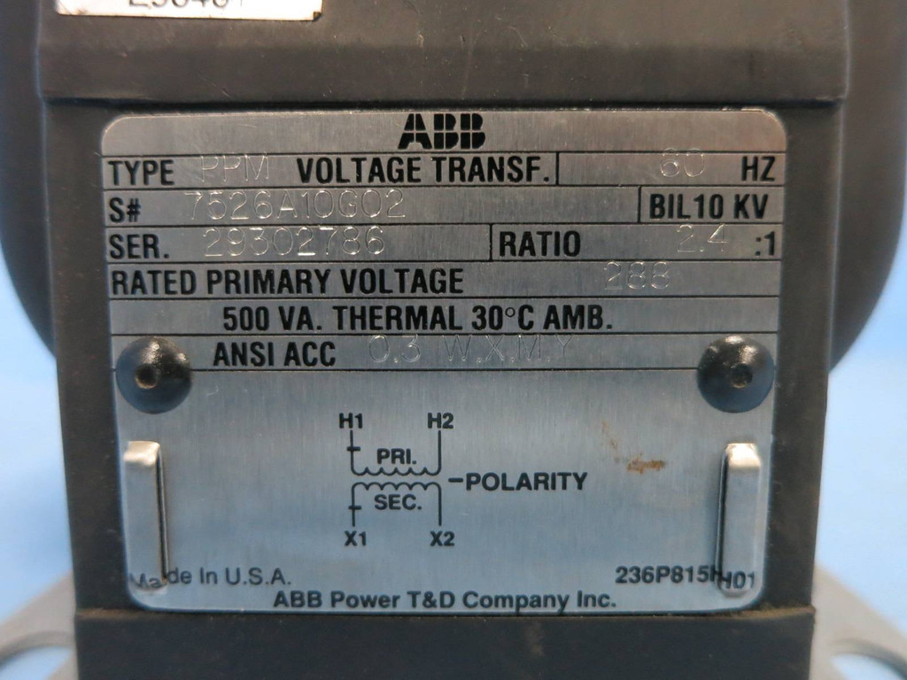 ABB 7526A10G02 Type PPM Voltage Transformer 2.4:1 Ratio 288V 500VA BIL 10 kV CT (DW0847-10)