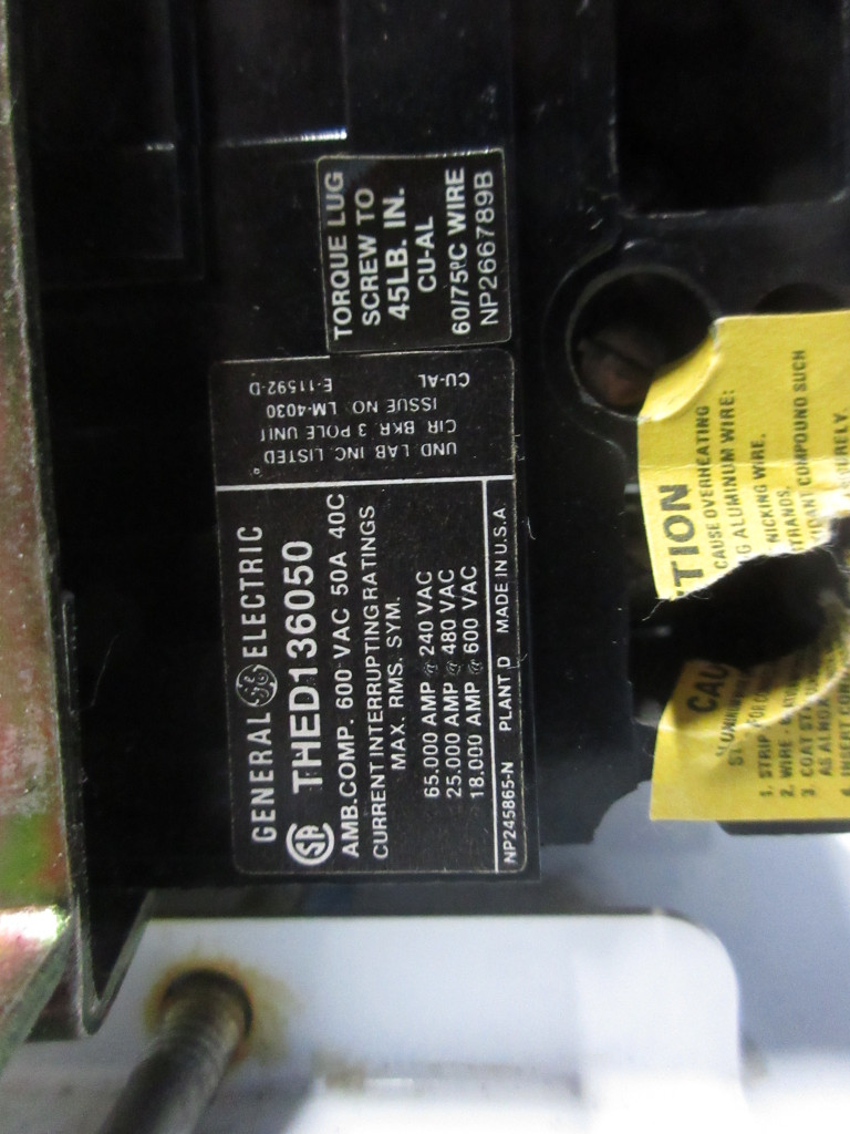 General Electric GE 8000 50 Amp Breaker Type 6" MCC Feeder Bucket 50A THED136050 (TK4167-31)