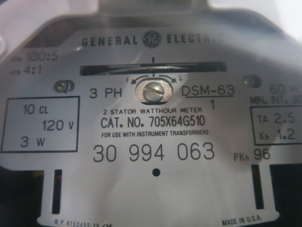 GE 705X64G510 2 Stator Watthour Meter DSM-63 Relay 3PH Kilowatthour 3P (DW0996-10)