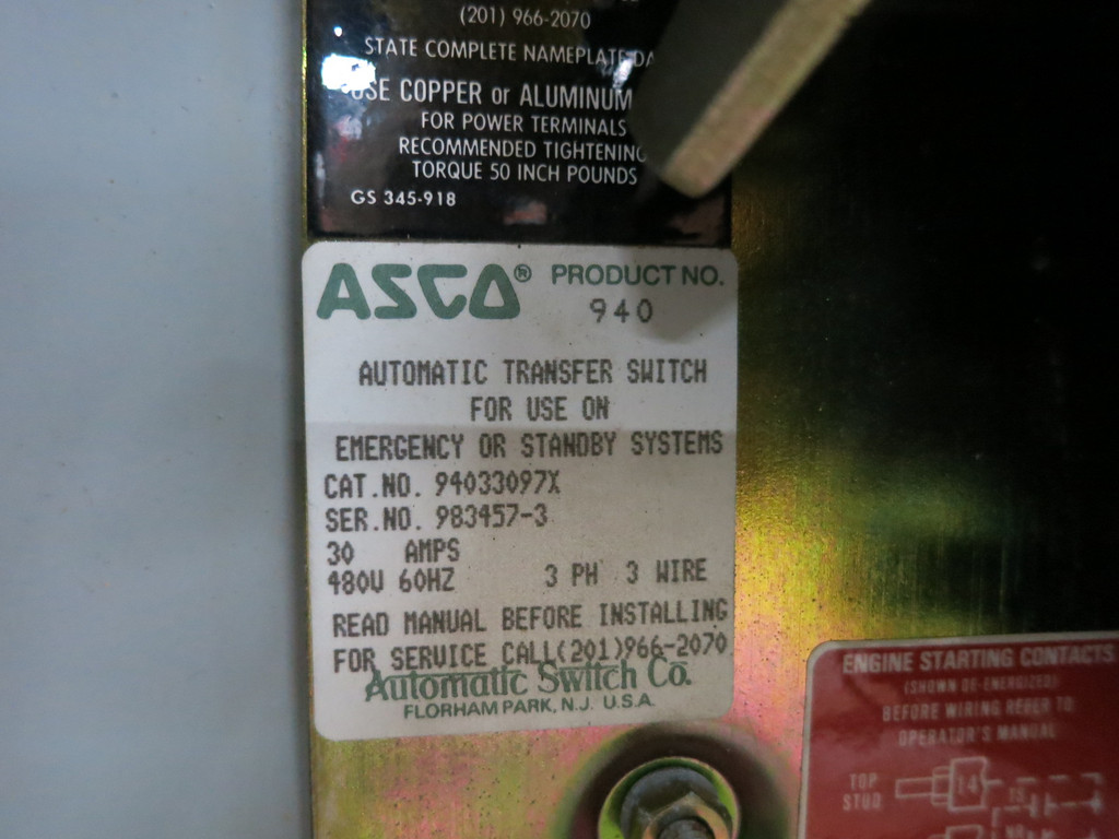 ASCO 94033097X 30A 480V Automatic Transfer Switch 3PH Bulletin 940 30 Amp ATS 3W (DW1034-3)