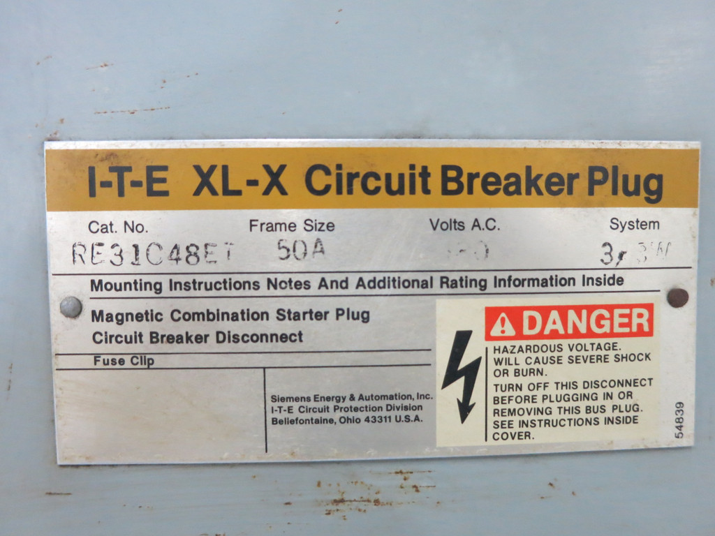 ITE RE31C48ET 50A 600V 3PH XL-X Circuit Breaker Bus Plug REC3100 Siemens 50 Amp (DW1042-1)