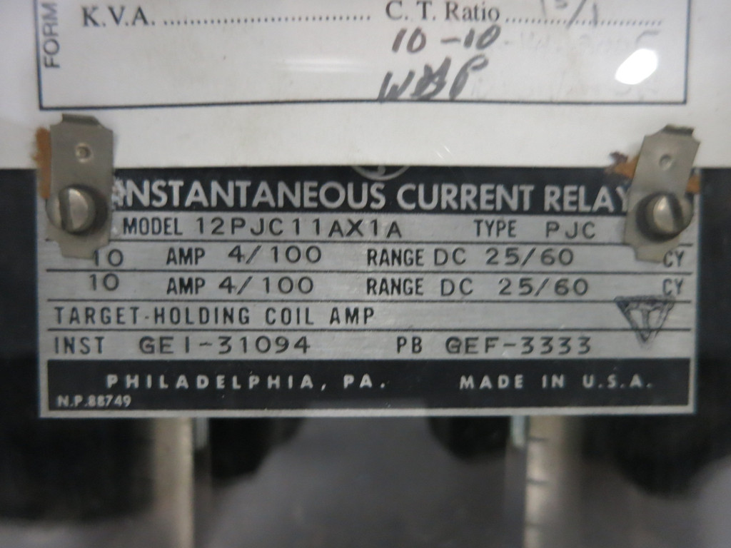 GE 12PJC11AX1A Instantaneous Current Relay PJC 60Hz General Electric Instant 10A (DW1102-1)