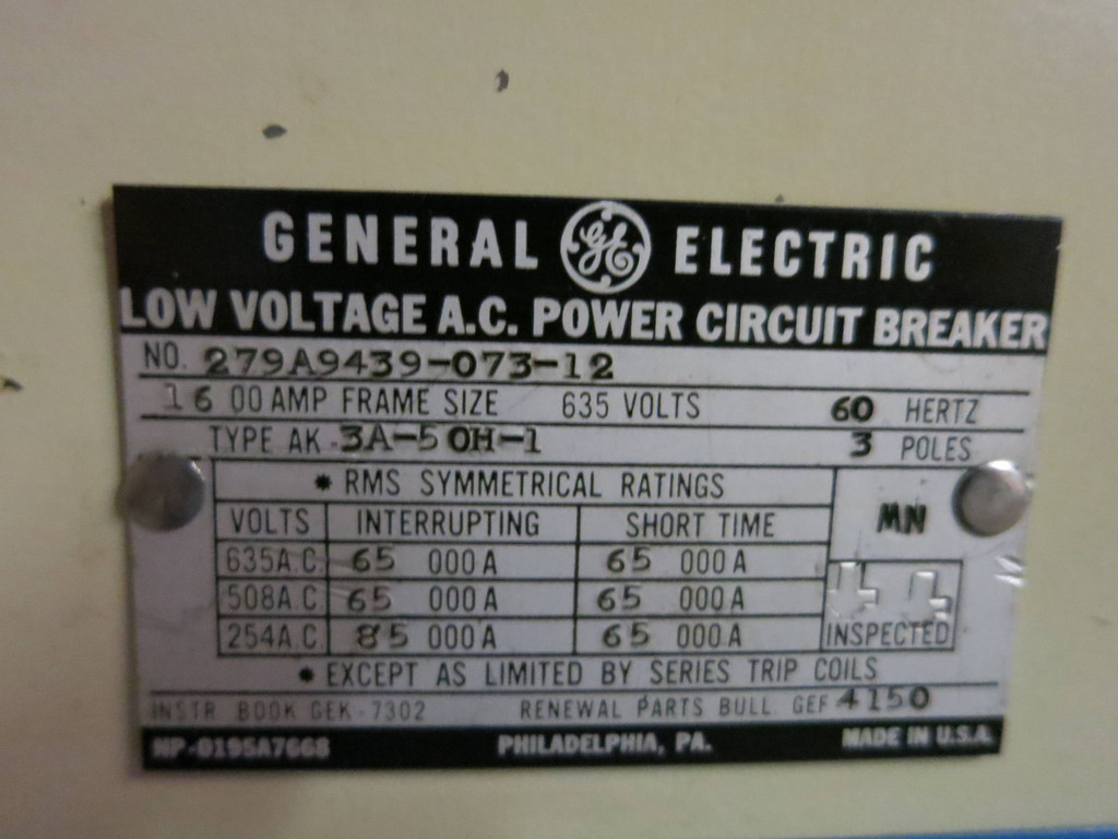 GE AK-3A-50H-1 1600A AC Pro Trip EO Circuit Breaker General Electric 1600 Amp (GA0022-2)