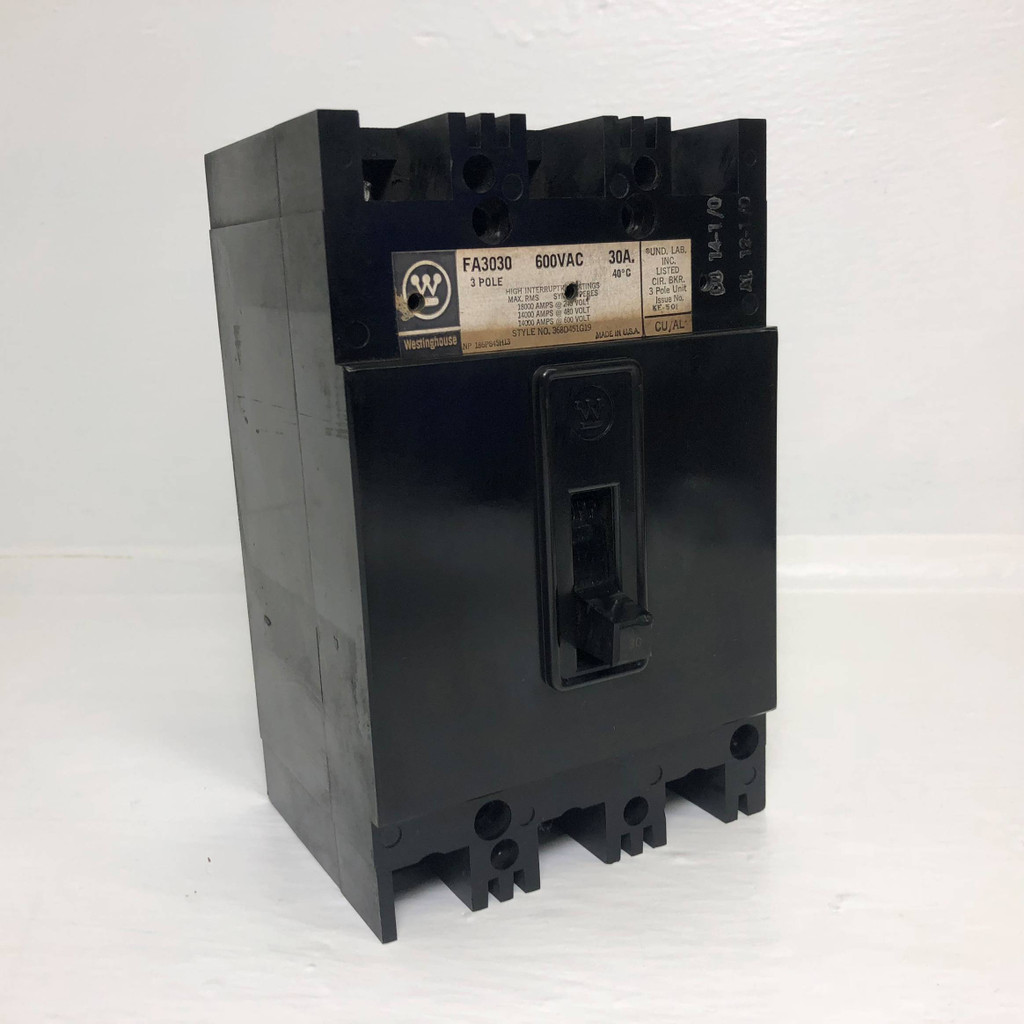 CH Westinghouse FA3030 30A Circuit Breaker 14ka @ 480/600V 3P 368D451G19 30 Amp (EM3176-11)