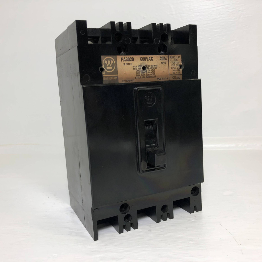 CH Westinghouse FA3020 20A Circuit Breaker 14ka @ 480/600V 3P 368D451G18 20 Amp (EM3177-32)