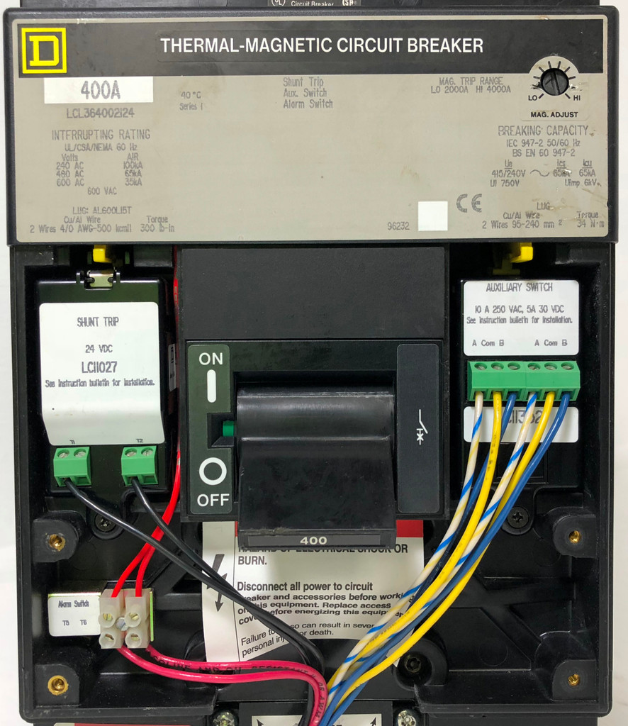 Square D LCL364002124 400A Circuit Breaker Shunt & Aux & Alarm 400 Amp bad label (EM3240-9)