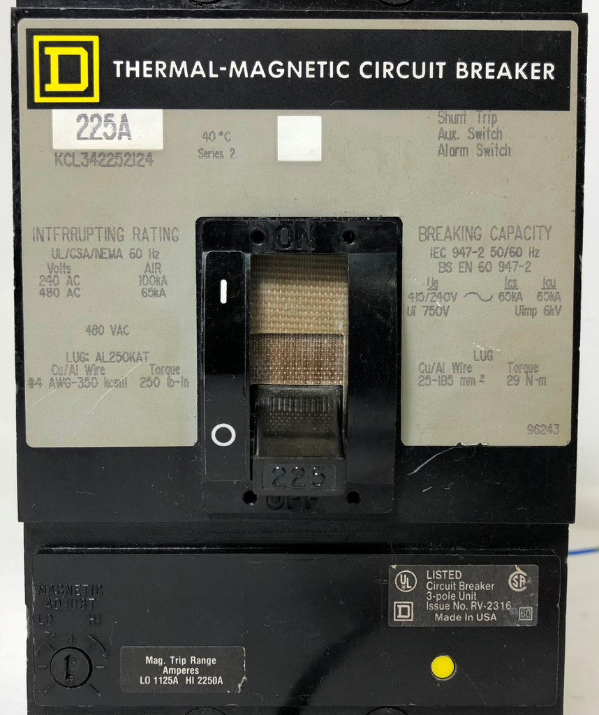 Square D KCL342252124 225A Circuit Breaker w Shunt & Aux & Alarm 480 VAC 225 Amp (EM3248-1)