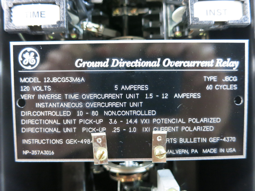 General Electric 12JBCG53M6A Ground Directional Overcurrent Relay GE 120V JBCG (TK4570-1)