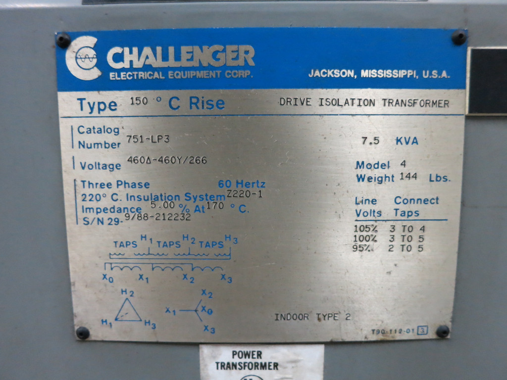 Challenger 7.5 KVA 460 to 460Y/266 V 3PH Isolation Transformer 751-LP3 7.5kVA Y (DW1355-1)