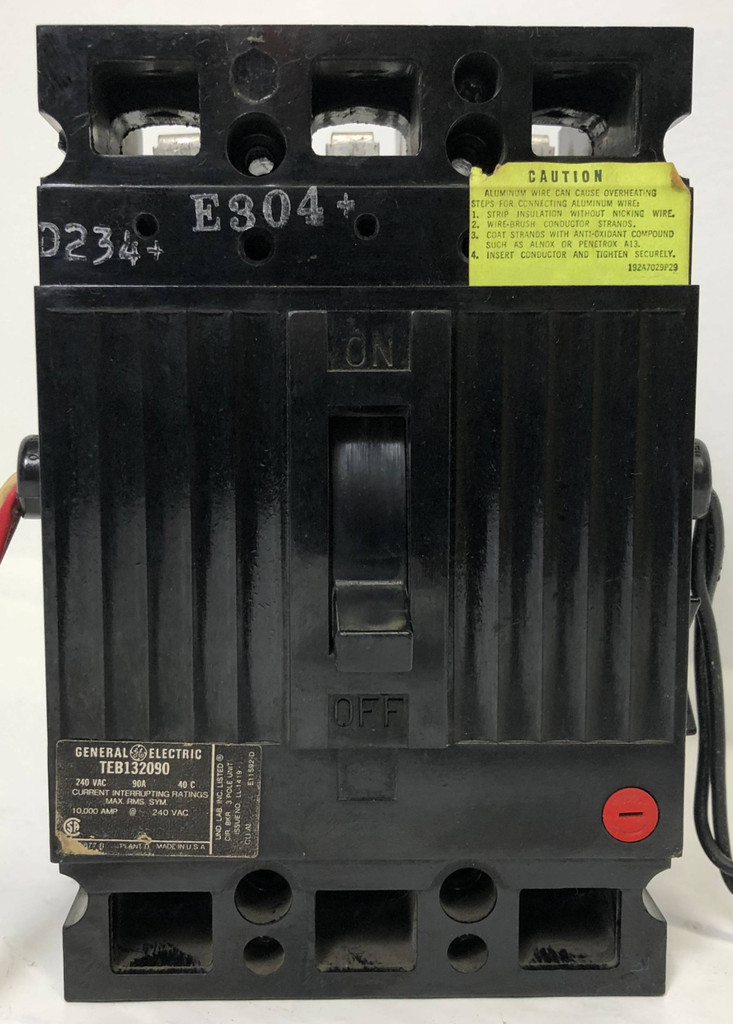 GE TEB132090 90A Circuit Breaker w/ Aux & Shunt 3 Pole 90 Amp General Electric (EM3426-1)