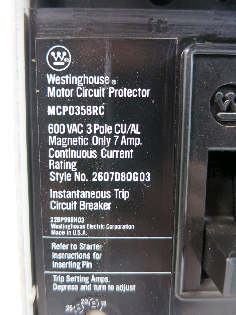 Westinghouse Type W Size 1 FVR Reversing Starter 7 Amp Breaker 18" MCC Bucket (TK4934-3)