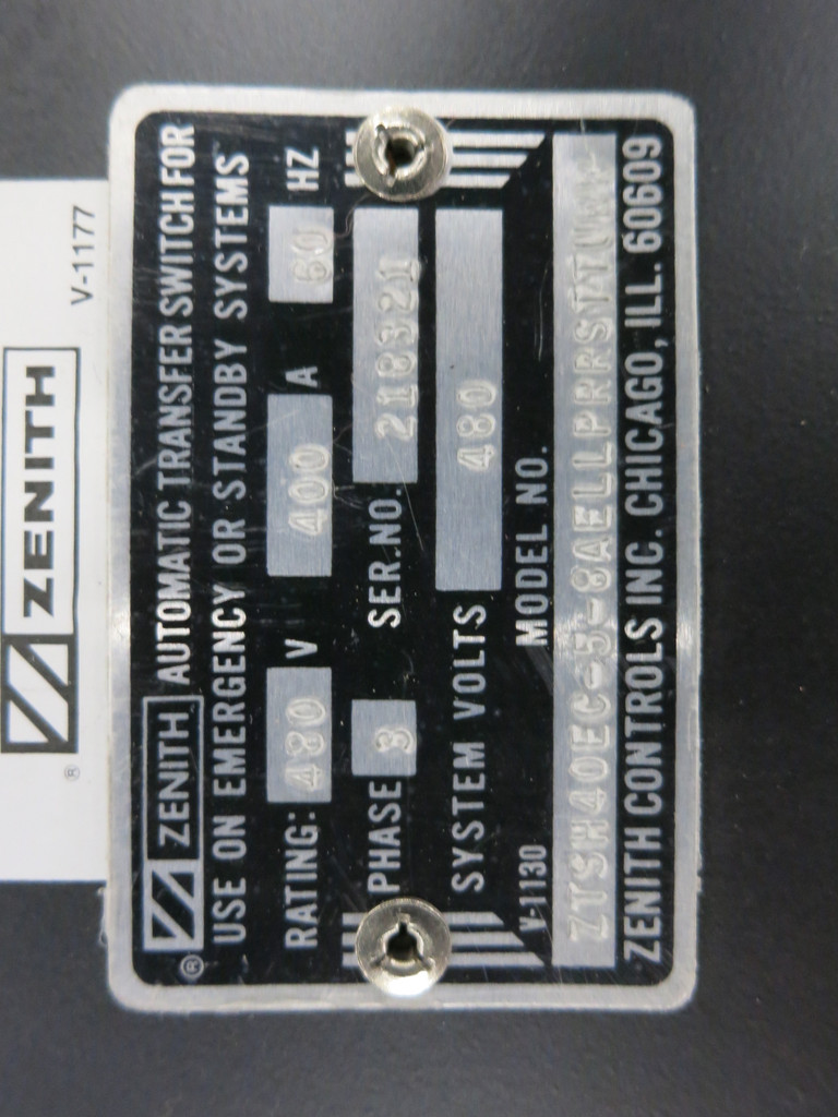 Zenith 400A 480V ZTSH40EC Automatic Transfer Switch ATS 3PH 480 Volt 400 Amp (DW1562-1)