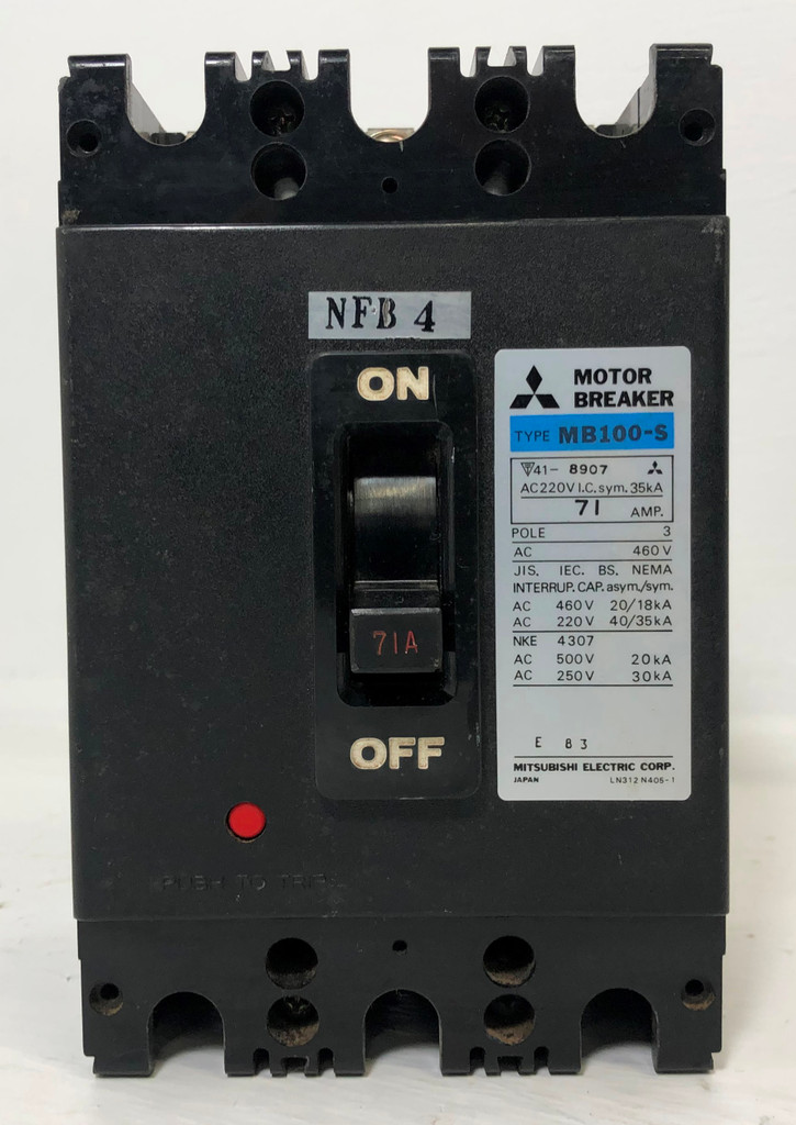 Mitsubishi MB100-S 71A Motor Circuit Breaker Type MB100S 3 Pole 460 VAC 71 Amp (EM3722-1)