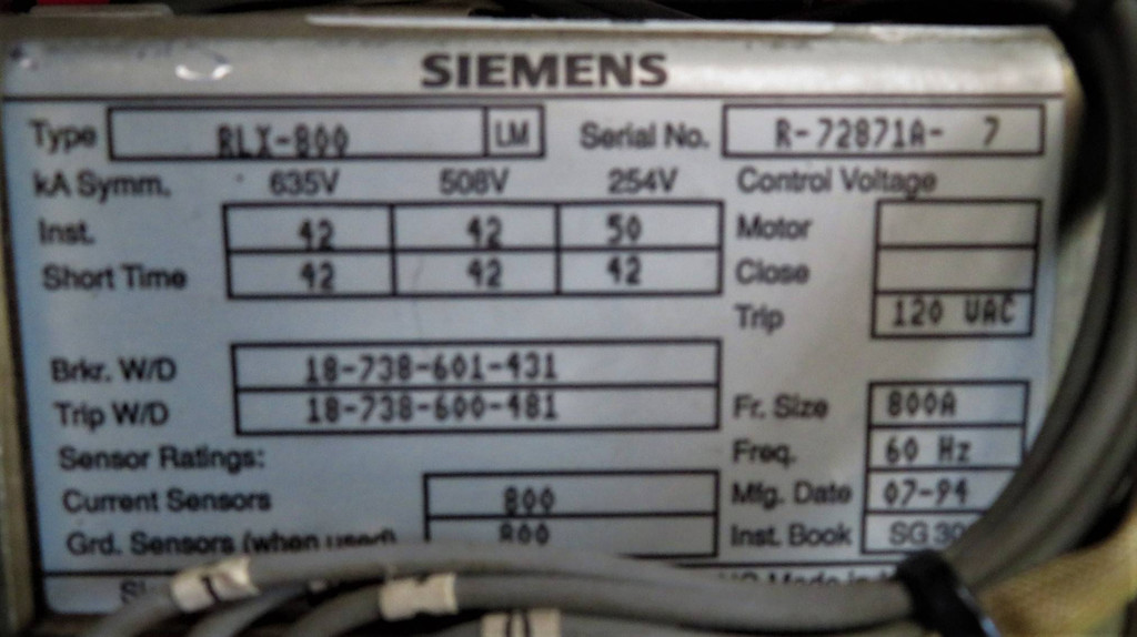 Siemens RLX-800 800A LSIG Air Breaker Static Trip III RMS-TSIG-TZ-CP TSG 800 Amp (GA0025-6)