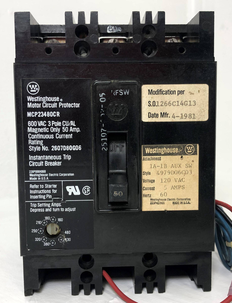 Westinghouse MCP23480CR 50A Circuit Breaker w/ Aux Switch 480/600V 3 Pole 50 Amp (EM3743-1)