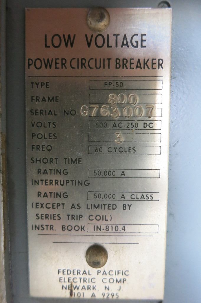 Federal Pacific FP-50 800A Power Circuit Breaker FPE Low Voltage FPE Electric (PM3003-1)