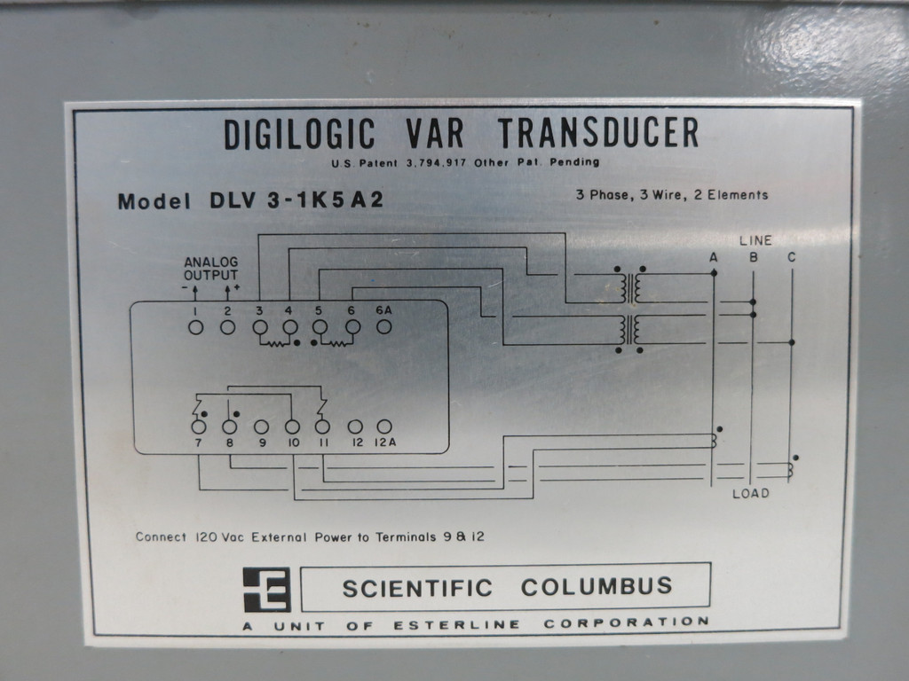 Scientific Columbus DLV3-1K5A2 Digilogic VAR Transducer 3PH 3W 120V Esterline (DW1819-1)