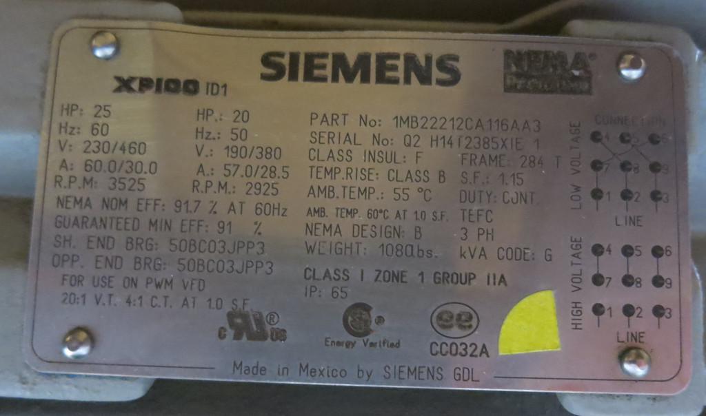 New Siemens 1MB22212CA116AA3 25HP 230/460V 3525RPM XP100 Explosion Motor 284T 25 (PM3020-1)
