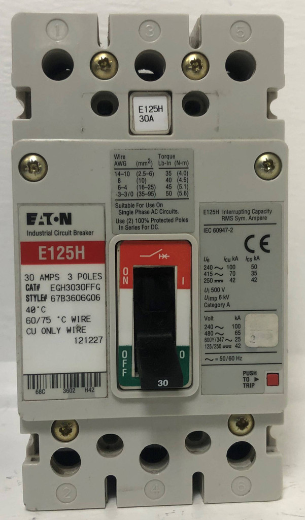 Eaton EGH3030FFG 30A Circuit Breaker E125H 480/600V 3 Pole Cutler-Hammer 30 Amp (EM3841-37)