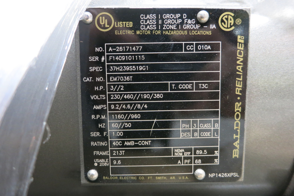 New Baldor EM7036T 3HP 460V 1160 RPM Hazardous AC Motor 213T Reliance A-26171477 (PM3032-1)