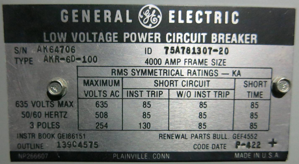 GE AKR-6D-100 4000A LSG MicroVersa Trip Draw Out General Electric Breaker EO 6 D (GA0035-1)