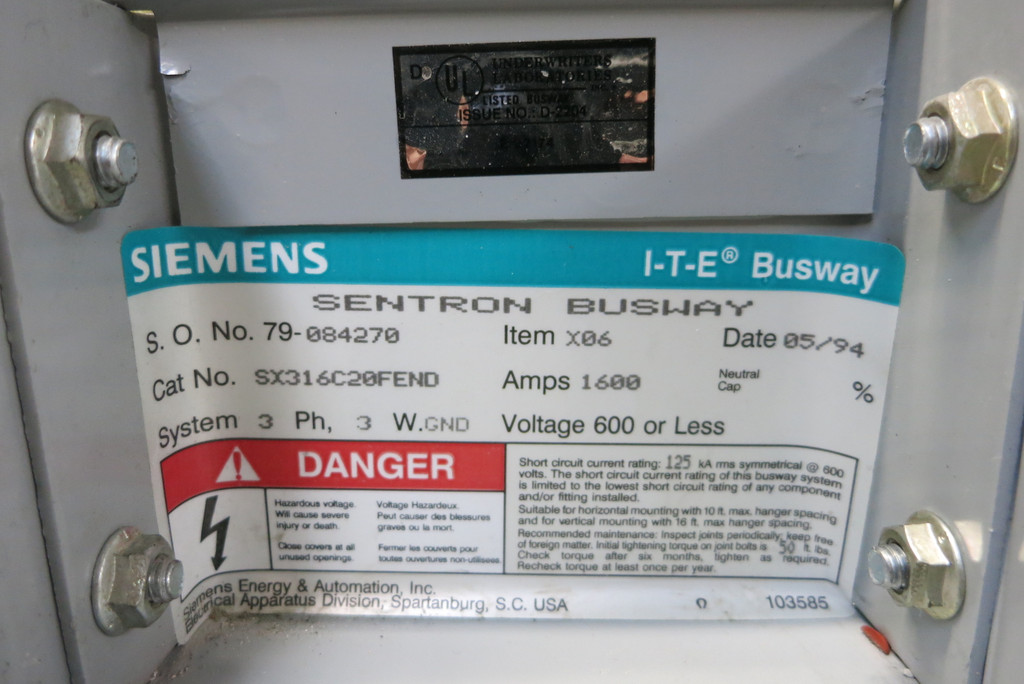Siemens SX316C20FEND 1600A 3PH 3W G Sentron Busway Busway - Busbar Junction Plug (PM3056-21)