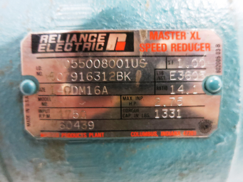 Reliance M055008001US Master XL Speed Reducer Gear Drive Ratio 14.1 140DM16A (DW2014-1)