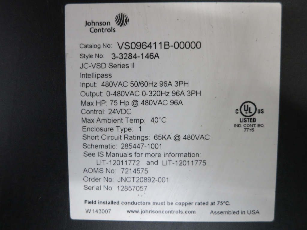 Johnson Controls VS105410B-0000 75 HP VS Intellipass Drive 75HP JC-VSD  480V AC (DW2087-1)