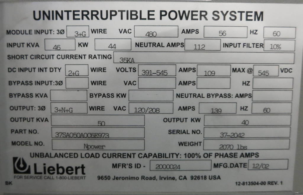 Liebert NPOWER UPS Systems 37SA050A0C6E973 50 kVA w Battery 37BP050XHJ1BNL (GA0152-1)