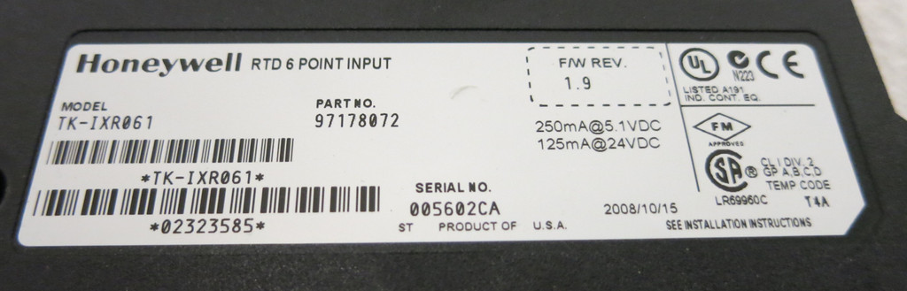 Honeywell TK-IXR061 RTD 6 Point Input 97178072 FW Rev: 1.9 PLC (GA0161-3)