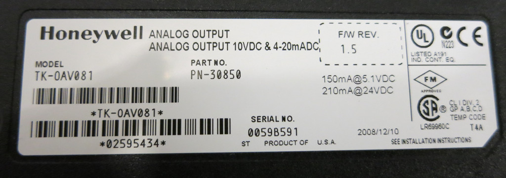 Honeywell TK-OAV081 Analog Output PN-30850 FW Rev: 1.5 PLC (GA0163-1)