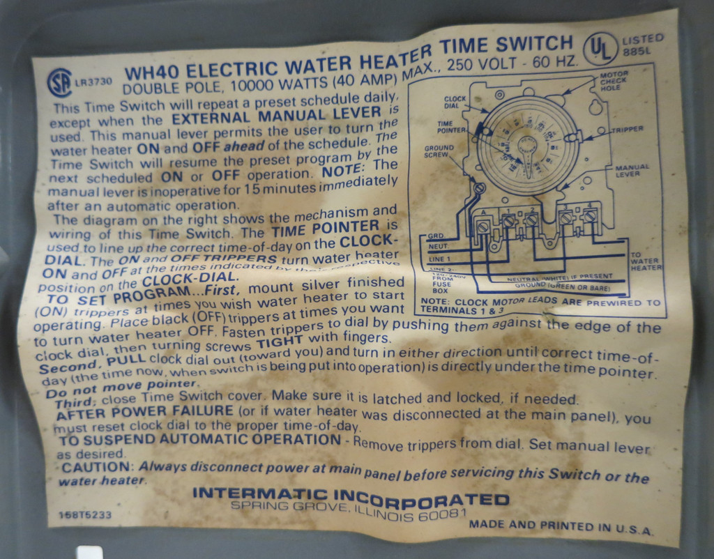 Intermatic WH40 Electric Water Heater Time Switch 10000 Watts 40 Amps 250 V 60Hz (GA0220-1)