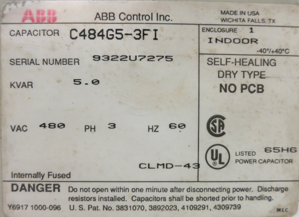 ABB Control Inc. C484G5-3FI 5.0 kVAR 480V 60Hz 3PH CLMD-43 Capacitor 5.0kVAR (GA0228-1)