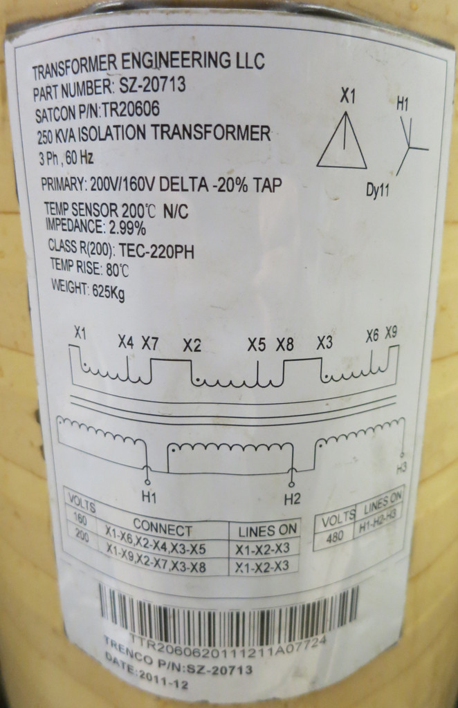 Trenco SZ-20713 250kVA 200V/160 Delta Isolation Transformer SATCON TEC-220PH (GA0238-1)