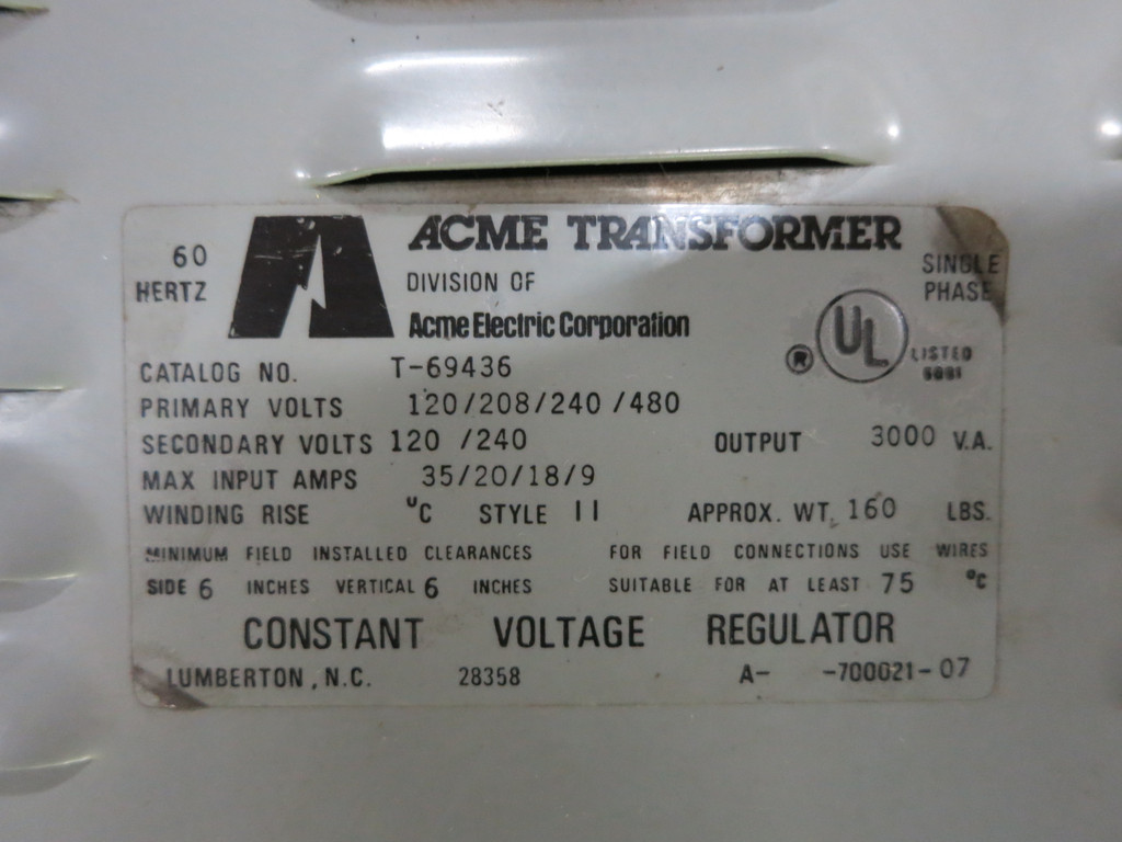 ACME T-69436 3000VA Constant Voltage Regulator CVR 120/208/240/480-120/240 1PH (DW2340-1)