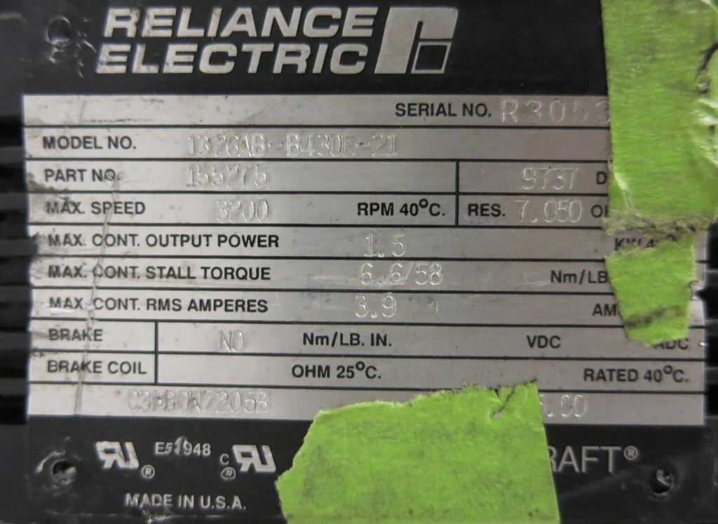 Reliance Electric 1326AB-B430E-21 Craft Servo Motor 155275 3200 RPM 240V (GA0282-1)