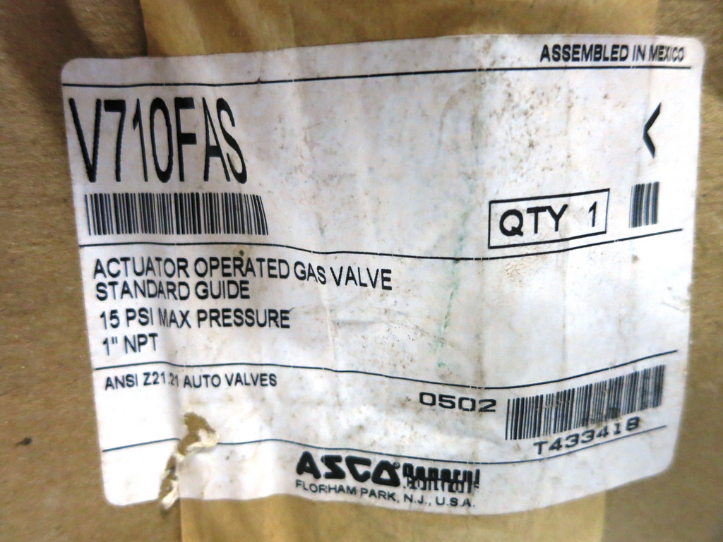 NEW ASCO V710FAS Gas Valve Actuator Operated 15 PSI 1" NPT (DW2494-1)