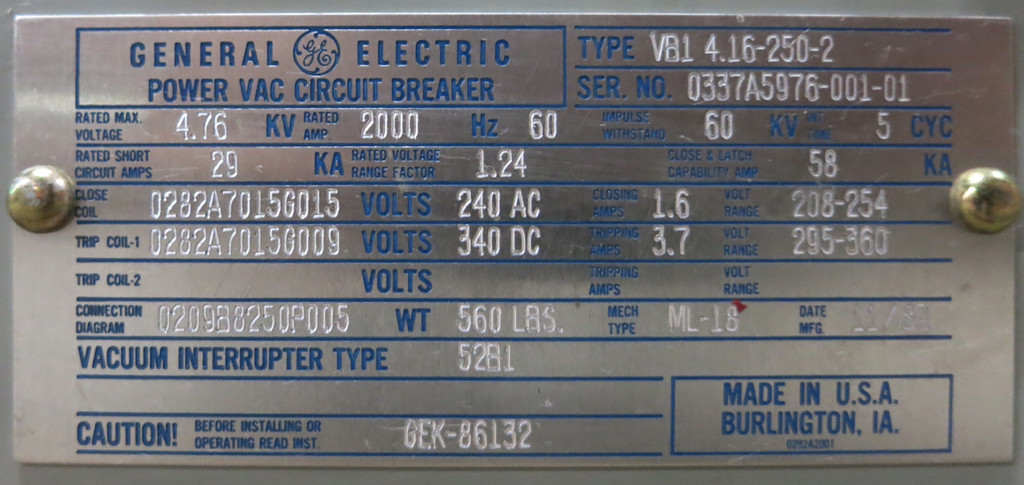 GE Power/Vac 2000A VB1 4.16-250-2 4.76kV Vacuum Breaker GeneralElectric PowerVac (GA0334-1)