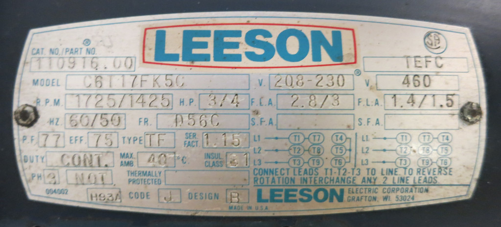 Leeson Industrial Motor 0.75HP 110916.00 1725/1425 RPM  Frame D56C TF C6T17FK5C (GA0343-1)
