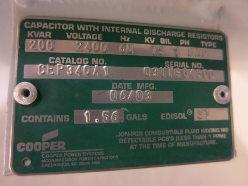 Cooper EX-D CEP340A1 200 kVAR 2400 VAC 60 Hz 75kV 1PH Capacitor Edisol ST (GA0369-1)